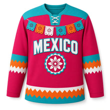 Load image into Gallery viewer, Mexico Papel Picado Fiesta Original Hockey Jersey in Fiesta Magenta, front view – custom name and number