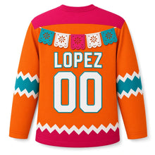 Load image into Gallery viewer, Mexico Papel Picado Fiesta Original Hockey Jersey in Tangerine, back view with your name and number