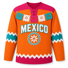 Load image into Gallery viewer, Mexico Papel Picado Fiesta Original Hockey Jersey in Tangerine, front view – custom name and number