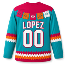 Load image into Gallery viewer, Mexico Papel Picado Fiesta Original Hockey Jersey in Turquoise, back view with your name and number