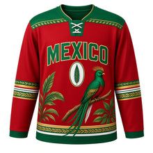 Load image into Gallery viewer, Mexico Quetzal Rainforest Original Hockey Jersey in Crimson, front view – custom name and number