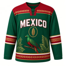 Load image into Gallery viewer, Mexico Quetzal Rainforest Original Hockey Jersey in Emerald, front view – custom name and number