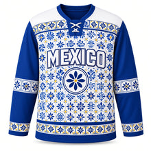 Load image into Gallery viewer, Mexico Talavera Tile Original Hockey Jersey in Cobalt Blue, front view – custom name and number