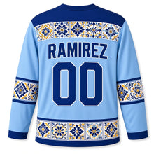 Load image into Gallery viewer, Mexico Talavera Tile Original Hockey Jersey in Sky Blue, back view with your name and number