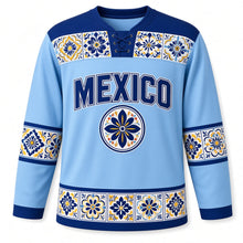 Load image into Gallery viewer, Mexico Talavera Tile Original Hockey Jersey in Sky Blue, front view – custom name and number