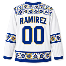 Load image into Gallery viewer, Mexico Talavera Tile Original Hockey Jersey in Tile White, back view with your name and number