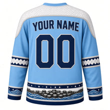 Load image into Gallery viewer, Micronesia Original Hockey Jersey in Pacific Blue, back view with your name and number – woven pandanus yoke and star-wayfinding sleeve bands