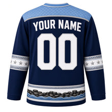 Load image into Gallery viewer, Micronesia Original Hockey Jersey in Deep Ocean Navy, back view with your name and number – woven pandanus yoke and star-wayfinding sleeve bands