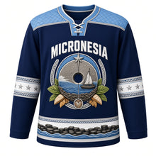 Load image into Gallery viewer, Micronesia Original Hockey Jersey in Deep Ocean Navy, front view – ornate rai stone crest with outrigger canoe and woven pandanus yoke, detailed artwork, custom name and number