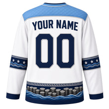 Load image into Gallery viewer, Micronesia Original Hockey Jersey in Starlight White, back view with your name and number – woven pandanus yoke and star-wayfinding sleeve bands