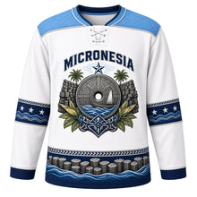 Load image into Gallery viewer, Micronesia Original Hockey Jersey in Starlight White, front view – ornate rai stone crest with outrigger canoe and woven pandanus yoke, detailed artwork, custom name and number