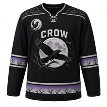 Load image into Gallery viewer, Midnight Crow Original Hockey Jersey in Moonlit Black, front view – crow with spread wings before a full moon with perched-crow crescent crest, custom name and number