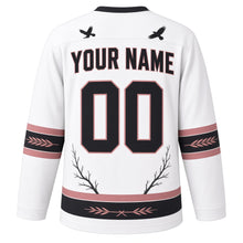 Load image into Gallery viewer, Midnight Crow Original Hockey Jersey in Fog White, back view with your name and number – feather-pattern yoke and bare-branch hem stripes