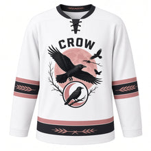Load image into Gallery viewer, Midnight Crow Original Hockey Jersey in Fog White, front view – crow with spread wings before a full moon with perched-crow crescent crest, custom name and number