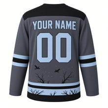 Load image into Gallery viewer, Midnight Crow Original Hockey Jersey in Storm Slate, back view with your name and number – feather-pattern yoke and bare-branch hem stripes