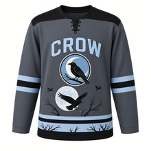 Load image into Gallery viewer, Midnight Crow Original Hockey Jersey in Storm Slate, front view – crow with spread wings before a full moon with perched-crow crescent crest, custom name and number