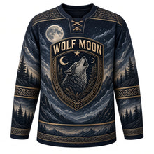Load image into Gallery viewer, Midnight Wolf Moon Original Hockey Jersey in Storm Charcoal, front view – howling wolf pack under a full moon with knotwork crest, custom name and number