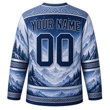 Load image into Gallery viewer, Midnight Wolf Moon Original Hockey Jersey in Frost White, back view with your name and number – knotwork yoke and pine-forest sleeve stripes