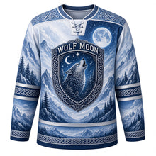 Load image into Gallery viewer, Midnight Wolf Moon Original Hockey Jersey in Frost White, front view – howling wolf pack under a full moon with knotwork crest, custom name and number