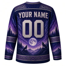Load image into Gallery viewer, Midnight Wolf Moon Original Hockey Jersey in Midnight Indigo, back view with your name and number – knotwork yoke and pine-forest sleeve stripes