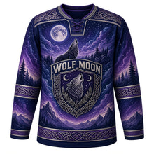 Load image into Gallery viewer, Midnight Wolf Moon Original Hockey Jersey in Midnight Indigo, front view – howling wolf pack under a full moon with knotwork crest, custom name and number