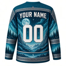 Load image into Gallery viewer, Midnight Wolf Moon Original Hockey Jersey in Glacier Teal, back view with your name and number – knotwork yoke and pine-forest sleeve stripes