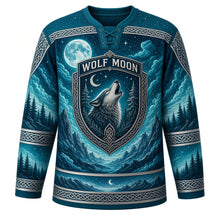 Load image into Gallery viewer, Midnight Wolf Moon Original Hockey Jersey in Glacier Teal, front view – howling wolf pack under a full moon with knotwork crest, custom name and number