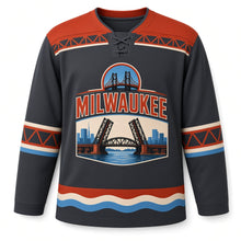 Load image into Gallery viewer, Milwaukee Bascule Bridge Original Hockey Jersey in Steel Charcoal, front view – custom name and number
