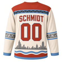 Load image into Gallery viewer, Milwaukee Bascule Bridge Original Hockey Jersey in Brick Cream, back view with your name and number