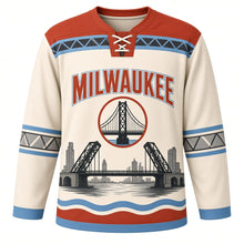 Load image into Gallery viewer, Milwaukee Bascule Bridge Original Hockey Jersey in Brick Cream, front view – custom name and number