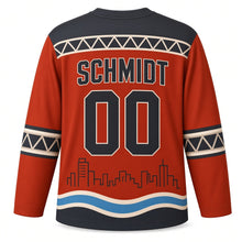Load image into Gallery viewer, Milwaukee Bascule Bridge Original Hockey Jersey in Rivet Rust, back view with your name and number