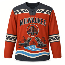 Load image into Gallery viewer, Milwaukee Bascule Bridge Original Hockey Jersey in Rivet Rust, front view – custom name and number