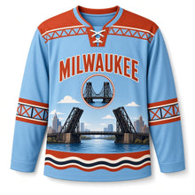 Load image into Gallery viewer, Milwaukee Bascule Bridge Original Hockey Jersey in River Sky, front view – custom name and number