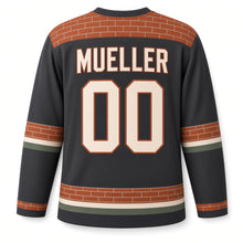 Load image into Gallery viewer, Milwaukee Brickworks Arch Original Hockey Jersey in Mortar Charcoal, back view with your name and number
