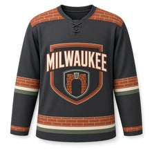 Load image into Gallery viewer, Milwaukee Brickworks Arch Original Hockey Jersey in Mortar Charcoal, front view – custom name and number