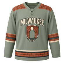 Load image into Gallery viewer, Milwaukee Brickworks Arch Original Hockey Jersey in Sage, front view – custom name and number