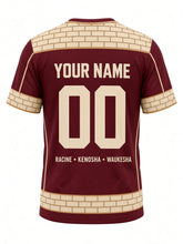 Load image into Gallery viewer, Milwaukee Original Baseball Jersey in Burgundy, back view with brick-pattern yoke and a RACINE • KENOSHA • WAUKESHA city line and your name and number