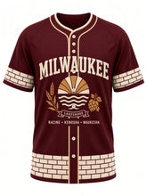 Load image into Gallery viewer, Milwaukee Original Baseball Jersey in Burgundy, front view – burgundy body with cream and amber piping, Cream City brick trim, Lake Michigan sunrise emblem with barley and hops, and a RACINE • KENOSHA • WAUKESHA city line – custom name and number