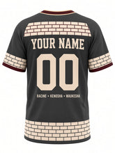 Load image into Gallery viewer, Milwaukee Original Baseball Jersey in Charcoal, back view with brick-pattern yoke and a RACINE • KENOSHA • WAUKESHA city line and your name and number