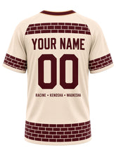 Load image into Gallery viewer, Milwaukee Original Baseball Jersey in Cream, back view with brick-pattern yoke and a RACINE • KENOSHA • WAUKESHA city line and your name and number