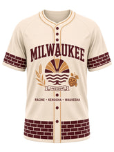 Load image into Gallery viewer, Milwaukee Original Baseball Jersey in Cream, front view – cream body with burgundy brick trim, Cream City brick trim, Lake Michigan sunrise emblem with barley and hops, and a RACINE • KENOSHA • WAUKESHA city line – custom name and number
