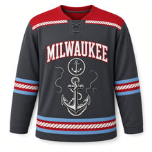 Load image into Gallery viewer, Milwaukee Harbor Anchor Original Hockey Jersey in Dock Charcoal, front view – custom name and number
