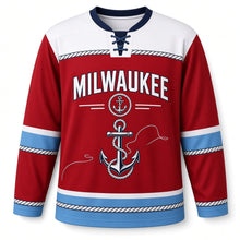 Load image into Gallery viewer, Milwaukee Harbor Anchor Original Hockey Jersey in Harbor Red, front view – custom name and number