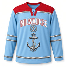 Load image into Gallery viewer, Milwaukee Harbor Anchor Original Hockey Jersey in Harbor Sky, front view – custom name and number