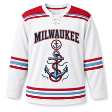Load image into Gallery viewer, Milwaukee Harbor Anchor Original Hockey Jersey in Sail White, front view – custom name and number