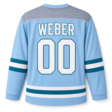 Load image into Gallery viewer, Milwaukee Ice Rink Night Original Hockey Jersey in Frost Blue, back view with your name and number