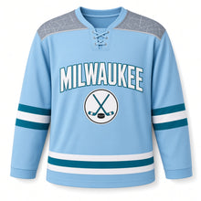 Load image into Gallery viewer, Milwaukee Ice Rink Night Original Hockey Jersey in Frost Blue, front view – custom name and number