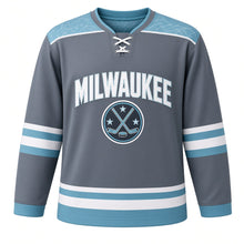 Load image into Gallery viewer, Milwaukee Ice Rink Night Original Hockey Jersey in Night Slate, front view – custom name and number