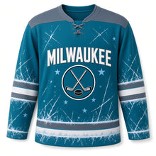 Load image into Gallery viewer, Milwaukee Ice Rink Night Original Hockey Jersey in Rink Teal, front view – custom name and number