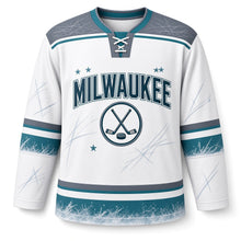 Load image into Gallery viewer, Milwaukee Ice Rink Night Original Hockey Jersey in Ice White, front view – custom name and number